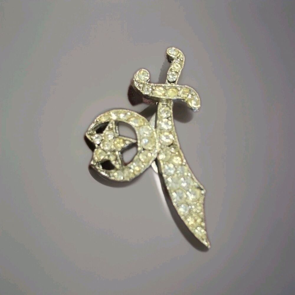 Vintage Shriners Masonic Scimitar Crescent Star Rhinestone Brooch Pin Silver...